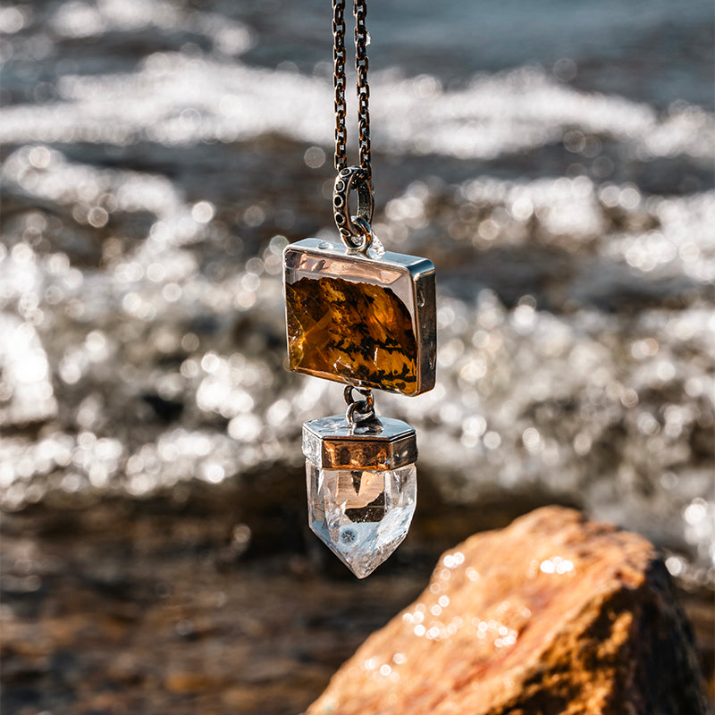 Himalayan Clear Quartz & Dendritic Golden Healer Designed in Tibet with Sterling Silver
