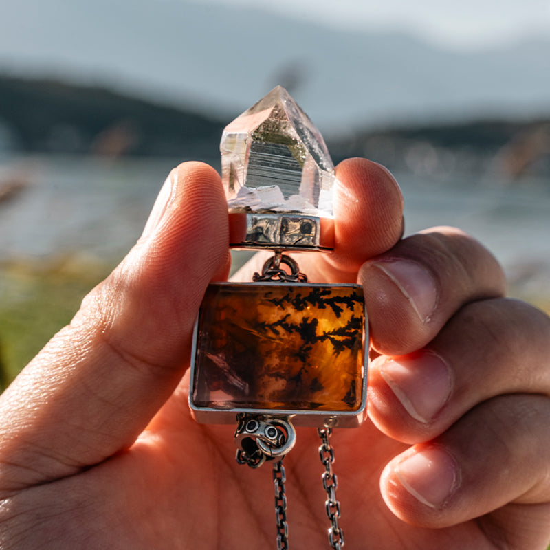 Himalayan Clear Quartz & Dendritic Golden Healer Designed in Tibet with Sterling Silver