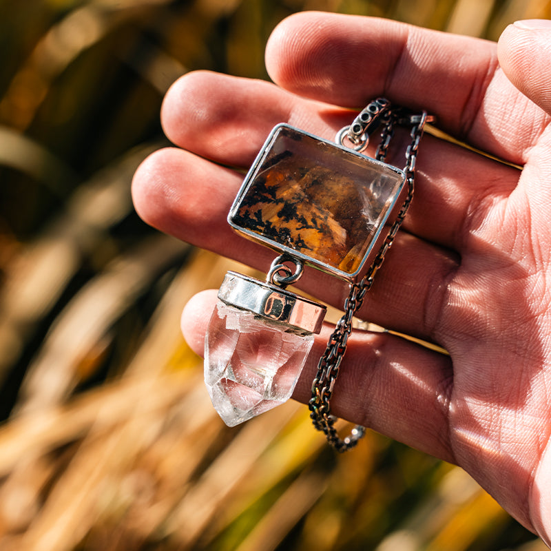 Himalayan Clear Quartz & Dendritic Golden Healer Designed in Tibet with Sterling Silver