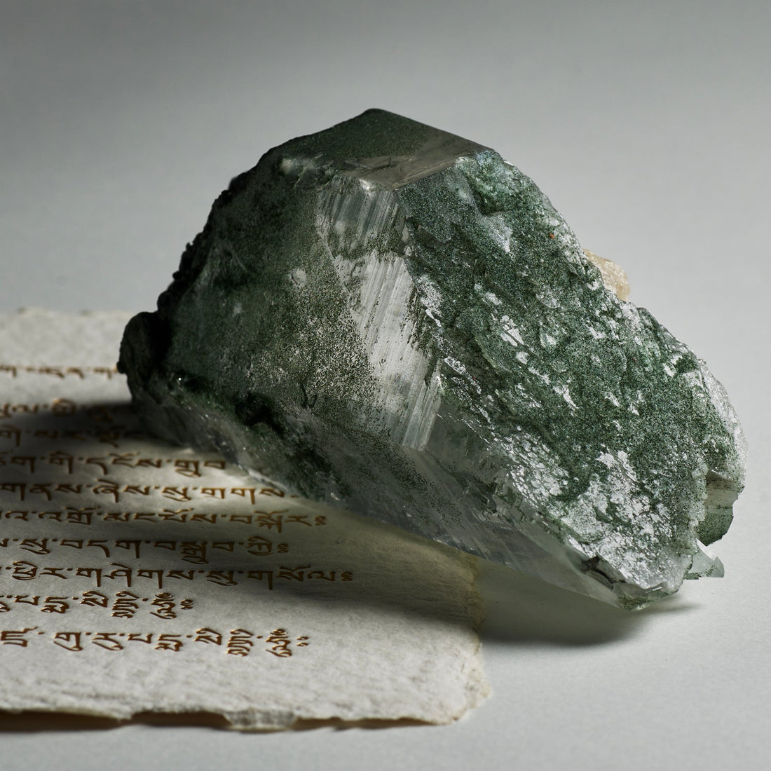 Stunning view of green phantom quartz showing unique internal features.