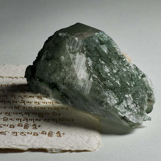 Stunning view of green phantom quartz showing unique internal features.