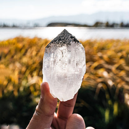 Himalayan White Quartz With Silver Mica Etched Buddha Top
